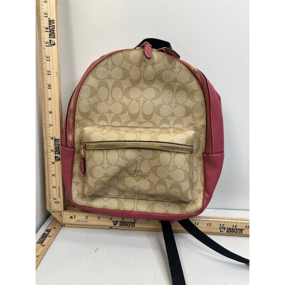 Coach Handbags - Coach Signature Canvas Mini Backpack Tan Pink Leather Trim Small Daypack Bag